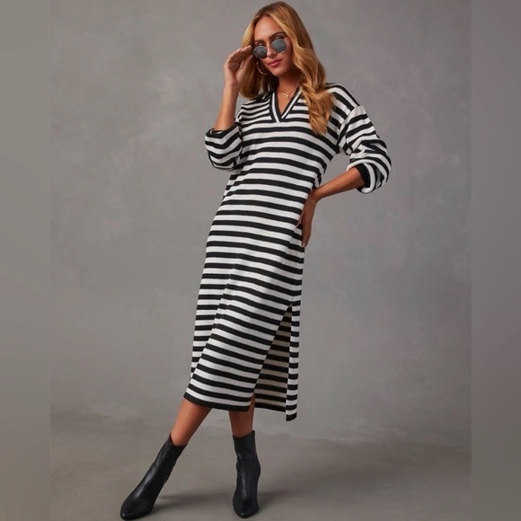 Vici Dresses & Skirts - VICI Pasquale Black and White Striped Knit Collared Midi Dress, Large